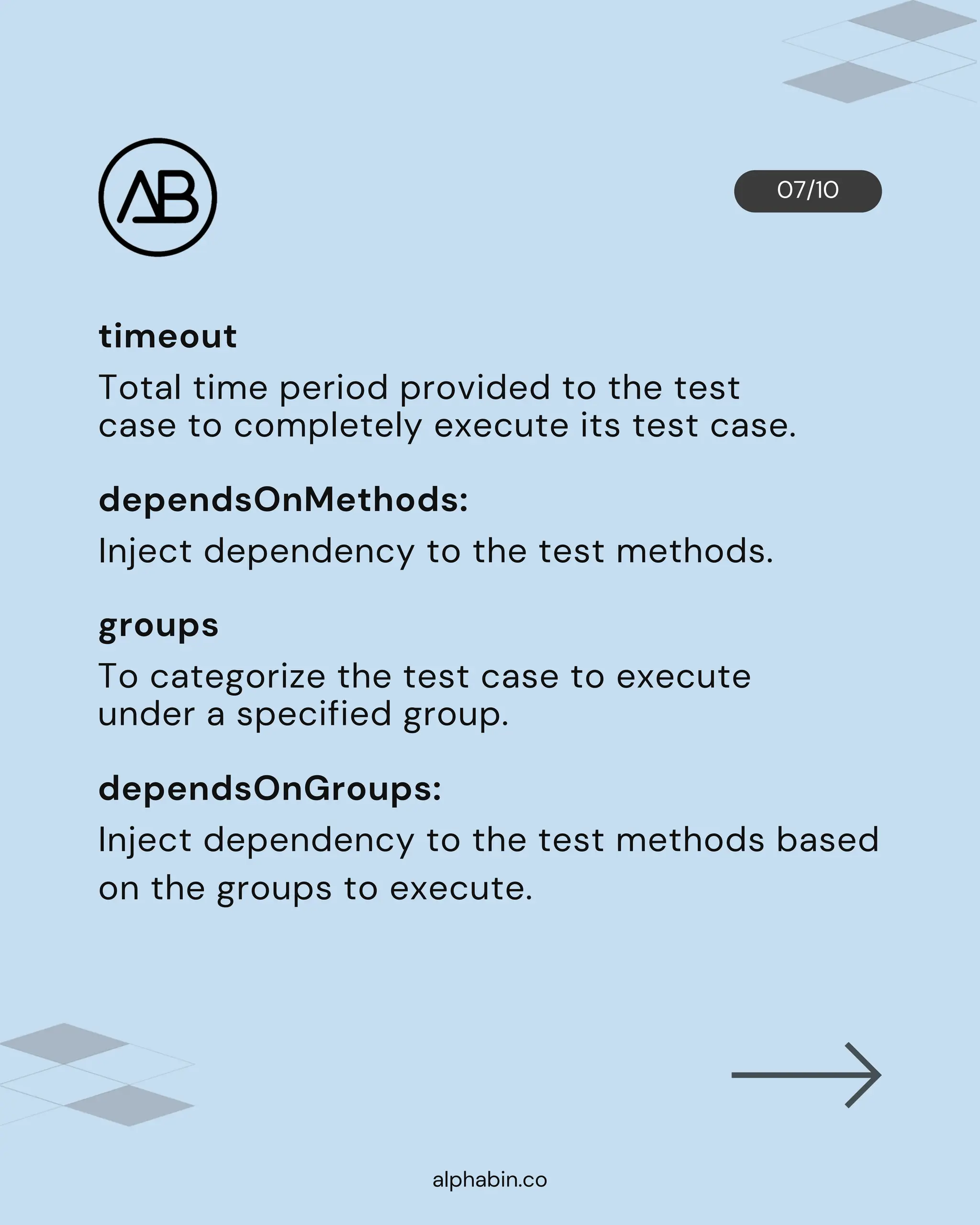 07/10
alphabin.co
To categorize the test case to execute
under a specified group.
dependsOnMethods:
Inject dependency to the test methods.
groups
Total time period provided to the test
case to completely execute its test case.
timeout
dependsOnGroups:
Inject dependency to the test methods based
on the groups to execute.
 