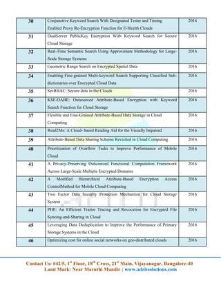 Contact Us: #42/5, 1st
Floor, 18th
Cross, 21st
Main, Vijayanagar, Bangalore-40
Land Mark: Near Maruthi Mandir ; www.adritsolutions.com
30 Conjunctive Keyword Search With Designated Tester and Timing
Enabled Proxy Re-Encryption Function for E-Health Clouds
2016
31 DualServer PublicKey Encryption With Keyword Search for Secure
Cloud Storage
2016
32 Real-Time Semantic Search Using Approximate Methodology for Large-
Scale Storage Systems
2016
33 Geometric Range Search on Encrypted Spatial Data 2016
34 Enabling Fine-grained Multi-keyword Search Supporting Classified Sub-
dictionaries over Encrypted Cloud Data
2016
35 SecRBAC: Secure data in the Clouds 2016
36 KSF-OABE: Outsourced Attribute-Based Encryption with Keyword
Search Function for Cloud Storage
2016
37 Flexible and Fine-Grained Attribute-Based Data Storage in Cloud
Computing
2016
38 Read2Me: A Cloud- based Reading Aid for the Visually Impaired 2016
39 Attribute-Based Data Sharing Scheme Revisited in Cloud Computing 2016
40 Prioritization of Overflow Tasks to Improve Performance of Mobile
Cloud
2016
41 A Privacy-Preserving Outsourced Functional Computation Framework
Across Large-Scale Multiple Encrypted Domains
2016
42 A Modified Hierarchical Attribute-Based Encryption Access
ControlMethod for Mobile Cloud Computing
2016
43 Two Factor Data Security Protection Mechanism for Cloud Storage
System
2016
44 PHE: An Efficient Traitor Tracing and Revocation for Encrypted File
Syncing-and-Sharing in Cloud
2016
45 Leveraging Data Deduplication to Improve the Performance of Primary
Storage Systems in the Cloud
2016
46 Optimizing cost for online social networks on geo-distributed clouds 2016
 