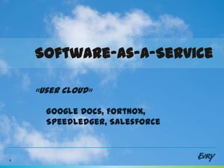 Software-as-a-Service

    «User Cloud»

      Google Docs, Fortnox,
      SpeedLedger, Salesforce



6
 