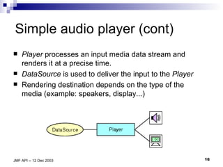 Simple audio player (cont) Player  processes an input media data stream and renders it at a precise time. DataSource  is used to deliver the input to the  Player Rendering destination depends on the type of the media (example: speakers, display...) 