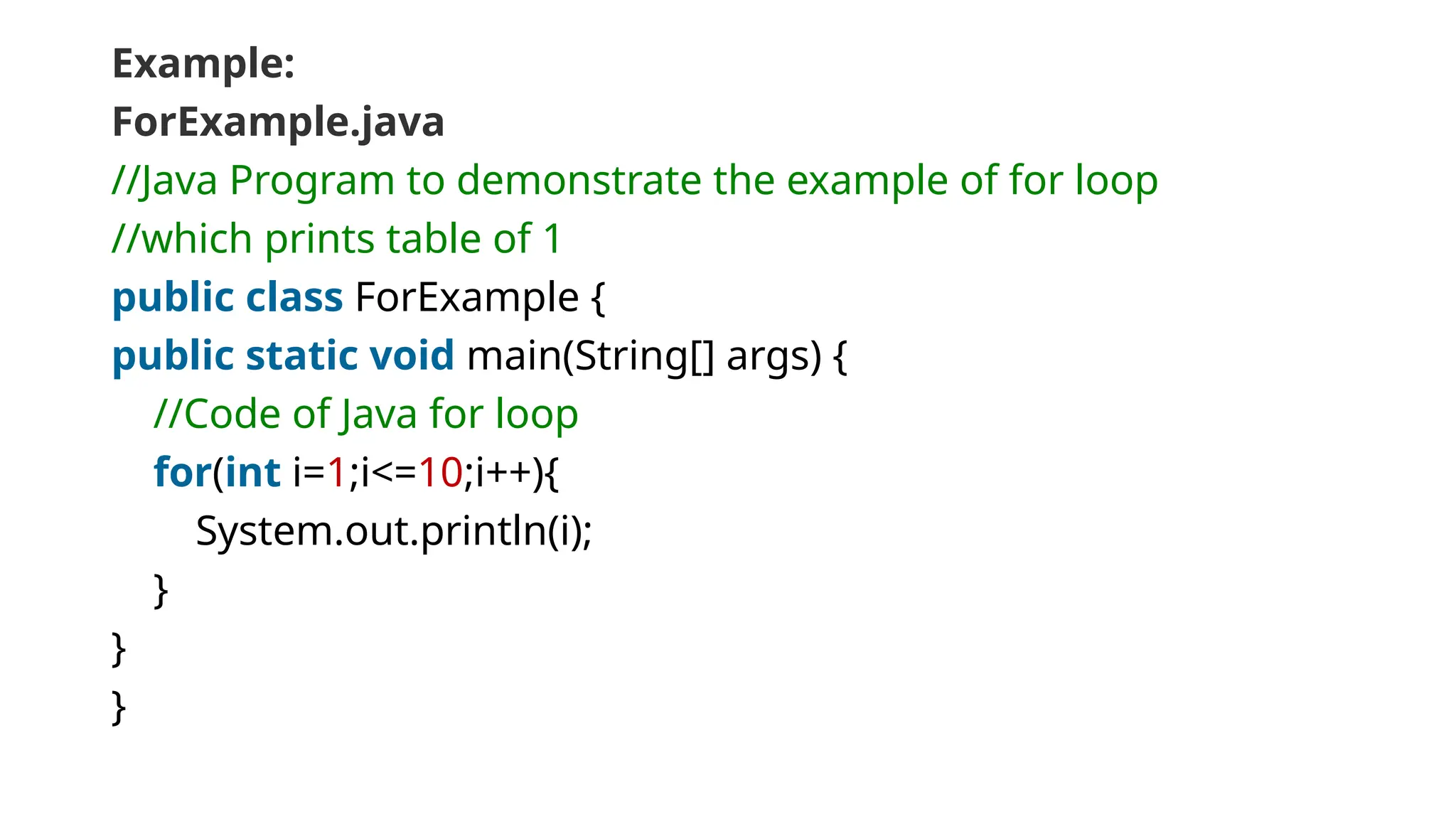 Example:
ForExample.java
//Java Program to demonstrate the example of for loop
//which prints table of 1
public class ForExample {
public static void main(String[] args) {
//Code of Java for loop
for(int i=1;i<=10;i++){
System.out.println(i);
}
}
}
 