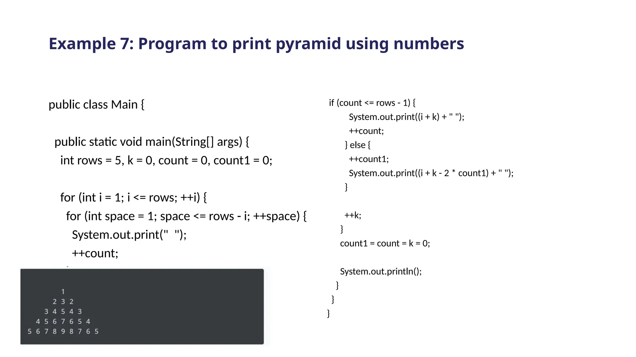 Example 7: Program to print pyramid using numbers
public class Main {
public static void main(String[] args) {
int rows = 5, k = 0, count = 0, count1 = 0;
for (int i = 1; i <= rows; ++i) {
for (int space = 1; space <= rows - i; ++space) {
System.out.print(" ");
++count;
}
while (k != 2 * i - 1) {
if (count <= rows - 1) {
System.out.print((i + k) + " ");
++count;
} else {
++count1;
System.out.print((i + k - 2 * count1) + " ");
}
++k;
}
count1 = count = k = 0;
System.out.println();
}
}
}
 