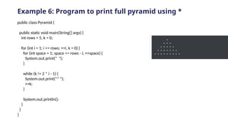 Example 6: Program to print full pyramid using *
public class Pyramid {
public static void main(String[] args) {
int rows = 5, k = 0;
for (int i = 1; i <= rows; ++i, k = 0) {
for (int space = 1; space <= rows - i; ++space) {
System.out.print(" ");
}
while (k != 2 * i - 1) {
System.out.print("* ");
++k;
}
System.out.println();
}
}
}
 