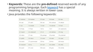 • Keywords: These are the pre-defined reserved words of any
programming language. Each keyword has a special
meaning. It is always written in lower case.
• Java provides the following keywords:
 