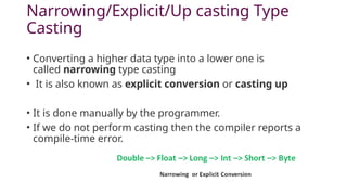 Narrowing/Explicit/Up casting Type
Casting
• Converting a higher data type into a lower one is
called narrowing type casting
• It is also known as explicit conversion or casting up
• It is done manually by the programmer.
• If we do not perform casting then the compiler reports a
compile-time error.
 