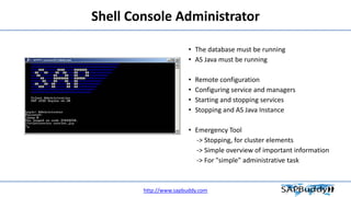 Shell Console Administrator
• The database must be running
• AS Java must be running
• Remote configuration
• Configuring ...