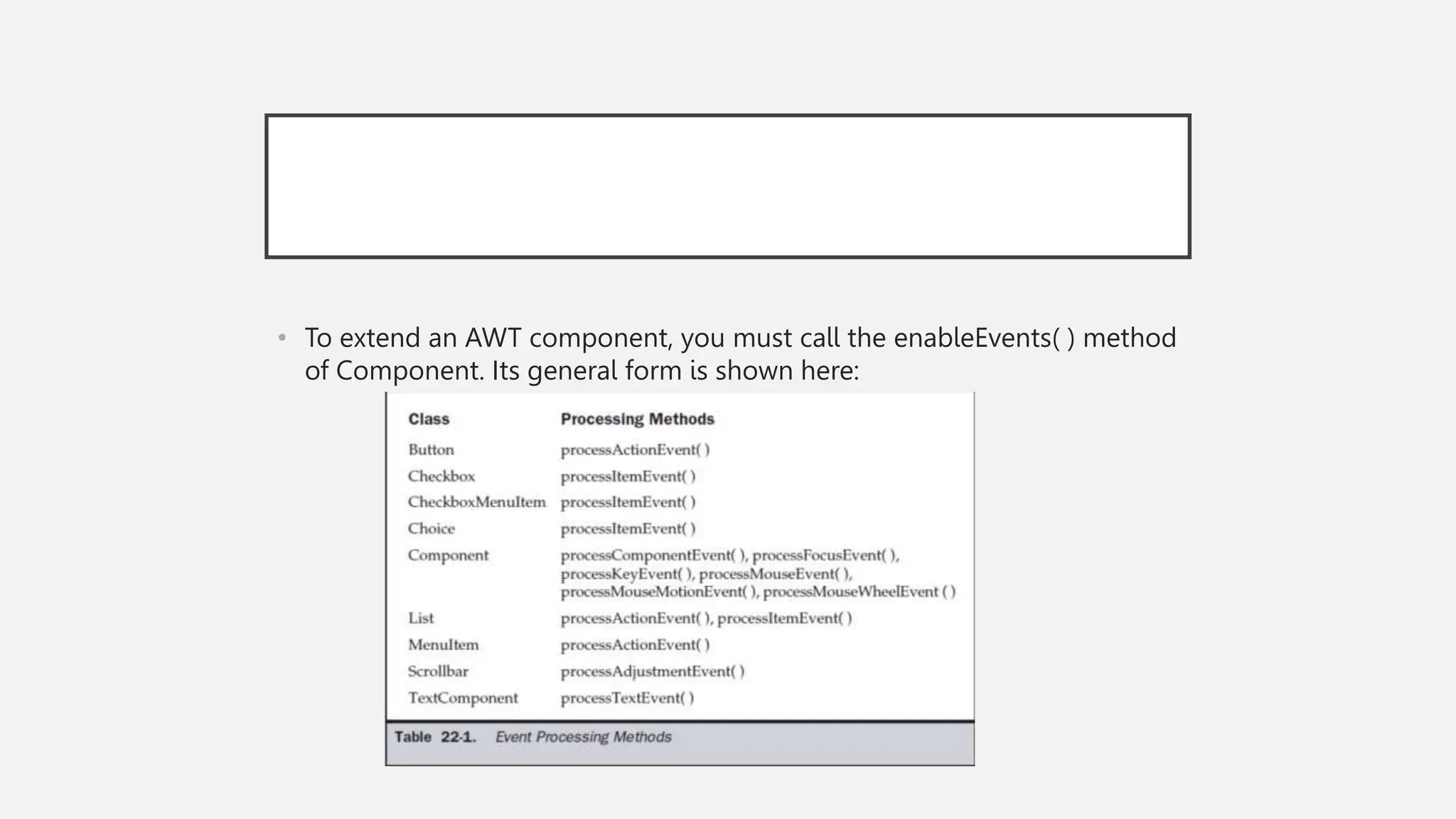 • To extend an AWT component, you must call the enableEvents( ) method of Component. Its general form is shown here: 
