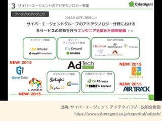 NEW! 2015
NEW! 2015NEW! 2015
NEW! 2015
出典: サイバーエージェント アドテクノロジー説明会動画
https://www.cyberagent.co.jp/reportlist/adtech/
 
