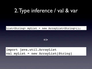 2. Type inference / val & var

List<String> myList = new ArrayList<String>();



                      =>

import java.uti...