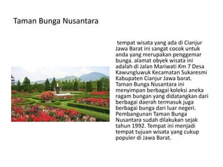 Taman Bunga Nusantara
tempat wisata yang ada di Cianjur
Jawa Barat ini sangat cocok untuk
anda yang merupakan penggemar
bunga. alamat obyek wisata ini
adalah di Jalan Mariwati Km 7 Desa
Kawungluwuk Kecamatan Sukaresmi
Kabupaten Cianjur Jawa barat.
Taman Bunga Nusantara ini
menyimpan berbagai koleksi aneka
ragam bungan yang didatangkan dari
berbagai daerah termasuk juga
berbagai bunga dari luar negeri.
Pembangunan Taman Bunga
Nusantara sudah dilakukan sejak
tahun 1992. Tempat ini menjadi
tempat tujuan wisata yang cukup
populer di Jawa Barat.
 