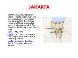 JAKARTA
• Daerah Khusus Ibukota Jakarta
adalah ibu kota negara Republik
Indonesia. Jakarta merupakan
satu-satunya kota di Indonesia
yang memiliki status setingkat
provinsi. Jakarta terletak di Tatar
Pasundan, bagian barat laut Pulau
Jawa.
• Luas : 740,3 km²
• Cuaca : 29 °C, Angin arah Barat
Laut dengan kecepatan 8 km/h,
Kelembapan 80%
• Jumlah penduduk: 9,608 juta
(2010) Perserikatan Bangsa-
Bangsa
 
