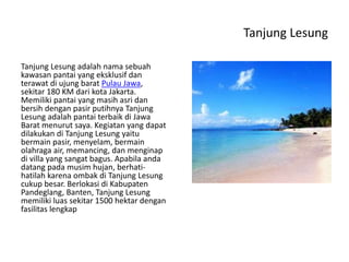 Tanjung Lesung
Tanjung Lesung adalah nama sebuah
kawasan pantai yang eksklusif dan
terawat di ujung barat Pulau Jawa,
sekitar 180 KM dari kota Jakarta.
Memiliki pantai yang masih asri dan
bersih dengan pasir putihnya Tanjung
Lesung adalah pantai terbaik di Jawa
Barat menurut saya. Kegiatan yang dapat
dilakukan di Tanjung Lesung yaitu
bermain pasir, menyelam, bermain
olahraga air, memancing, dan menginap
di villa yang sangat bagus. Apabila anda
datang pada musim hujan, berhati-
hatilah karena ombak di Tanjung Lesung
cukup besar. Berlokasi di Kabupaten
Pandeglang, Banten, Tanjung Lesung
memiliki luas sekitar 1500 hektar dengan
fasilitas lengkap
 