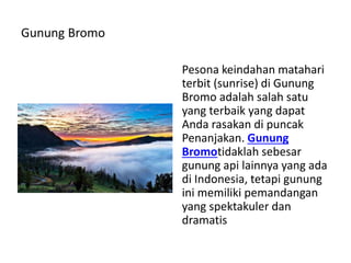 Gunung Bromo
Pesona keindahan matahari
terbit (sunrise) di Gunung
Bromo adalah salah satu
yang terbaik yang dapat
Anda rasakan di puncak
Penanjakan. Gunung
Bromotidaklah sebesar
gunung api lainnya yang ada
di Indonesia, tetapi gunung
ini memiliki pemandangan
yang spektakuler dan
dramatis
 