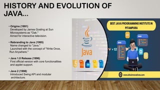 HISTORY AND EVOLUTION OF
JAVA…
• Origins (1991)
Developed by James Gosling at Sun
Microsystems as "Oak."
Aimed for interactive television.
• Rebranding to Java (1995)
Name changed to "Java."
Launched with the concept of "Write Once,
Run Anywhere."
• Java 1.0 Release (1996)
First official version with core functionalities
and applet support.
• Java 2 (1998)
Introduced Swing API and modular
architecture.
 