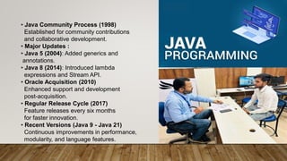 • Java Community Process (1998)
Established for community contributions
and collaborative development.
• Major Updates :
• Java 5 (2004): Added generics and
annotations.
• Java 8 (2014): Introduced lambda
expressions and Stream API.
• Oracle Acquisition (2010)
Enhanced support and development
post-acquisition.
• Regular Release Cycle (2017)
Feature releases every six months
for faster innovation.
• Recent Versions (Java 9 - Java 21)
Continuous improvements in performance,
modularity, and language features.
 