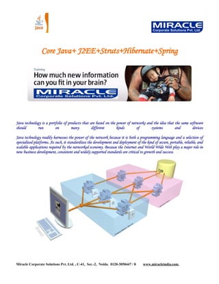 Core Java+ J2EE+Struts+Hibernate+Spring
Java technology is a portfolio of products that are based on the power of networks and the idea that the same software
should run on many different kinds of systems and devices
Java technology readily harnesses the power of the network because it is both a programming language and a selection of
specialized platforms. As such, it standardizes the development and deployment of the kind of secure, portable, reliable, and
scalable applications required by the networked economy. Because the Internet and World Wide Web play a major role in
new business development, consistent and widely supported standards are critical to growth and success.
Miracle Corporate Solutions Pvt. Ltd. , C-41, Sec.-2, Noida. 0120-3058447 / 8 www.miracleindia.com,
 