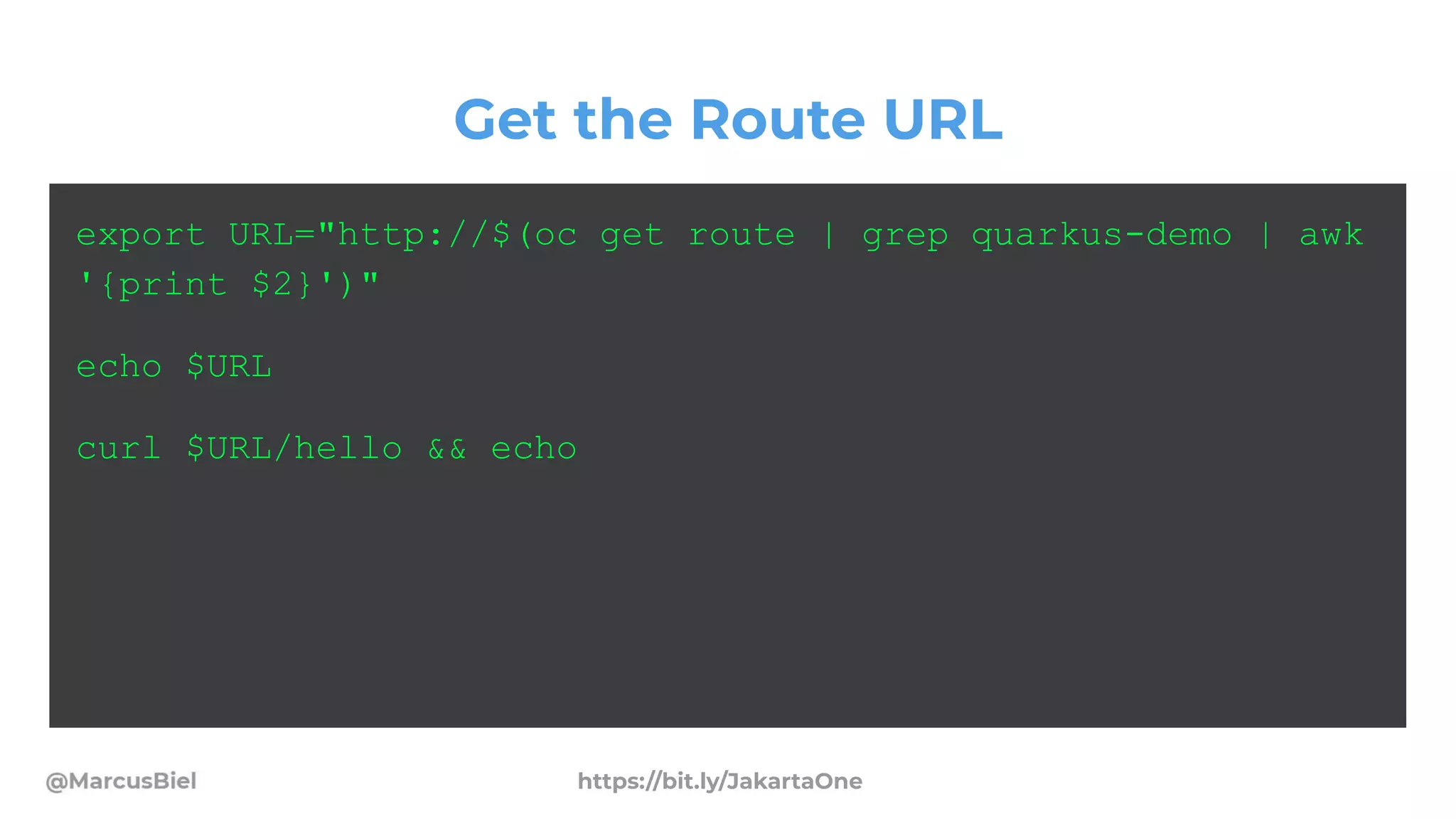 Get the Route URL
export URL="http://$(oc get route | grep quarkus-demo | awk
'{print $2}')"
echo $URL
curl $URL/hello && echo
https://bit.ly/JakartaOne
 