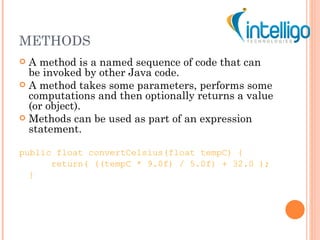 METHODS <ul><li>A method is a named sequence of code that can be invoked by other Java code. </li></ul><ul><li>A method ta...