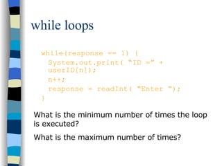 while loops while(response == 1) { System.out.print( “ID =” + userID[n]); n++; response = readInt( “Enter “); } What is the minimum number of times the loop is executed? What is the maximum number of times? 