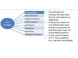 Data Abstraction
           Encapsulation          • The technique of
           Data Abstration
                                    creating new data types
                                    that are well suited to an
           Single Inheritance
                                    application
  OOP      Polymorphysm           • It allows the creation of
Paradigm   Persistance              user defined data types,
           Delegation               having the properties of
                                    built data types and a set
           Genericity
                                    of permitted operators
           Multiple Inheritance   • In Java, partial support
                                  • In C++, fully supported
                                    (e.g., operator overloading)




                                                               17
 
