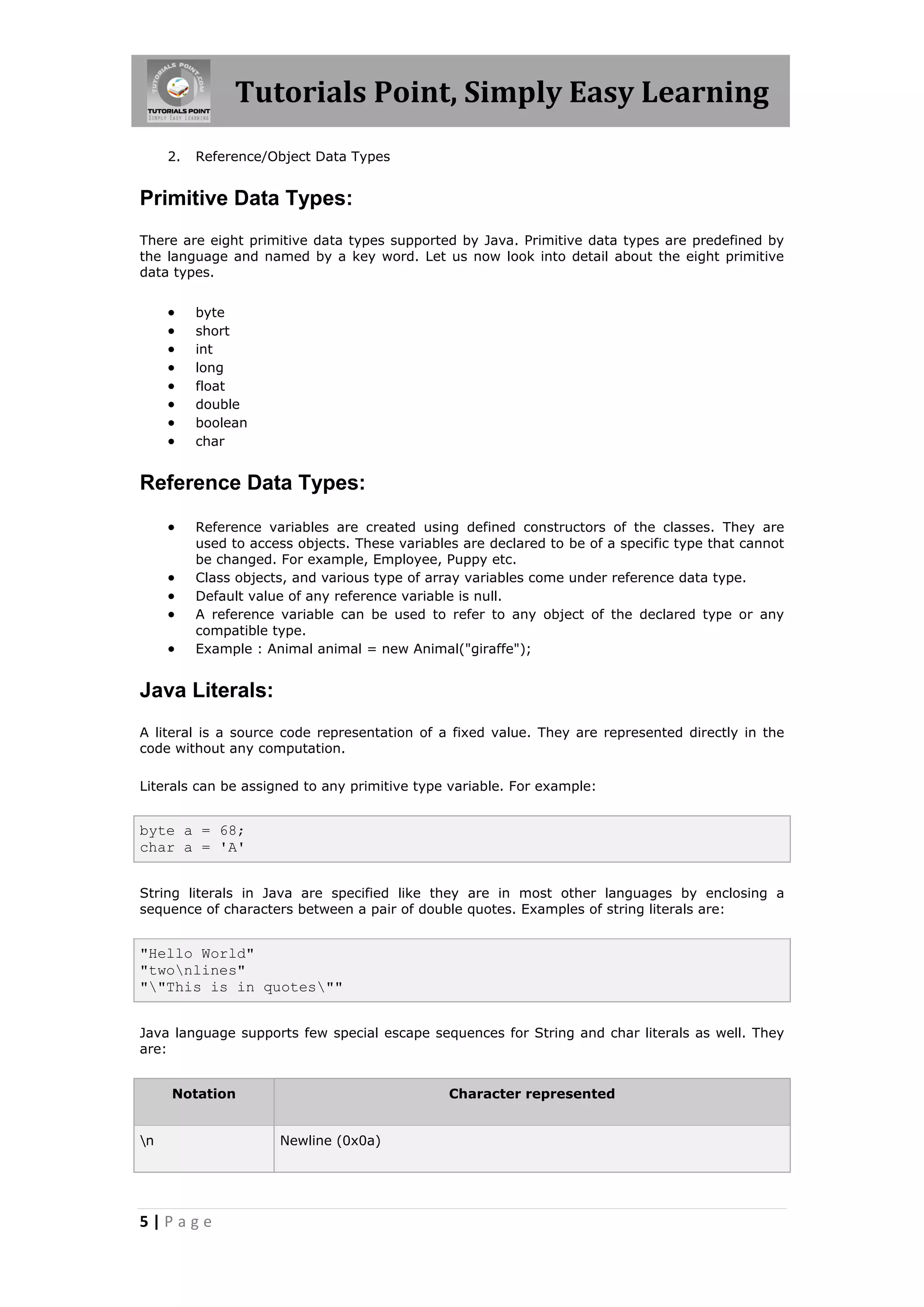 Tutorials Point, Simply Easy Learning 5 | P a g e 2. Reference/Object Data Types Primitive Data Types: There are eight primitive data types supported by Java. Primitive data types are predefined by the language and named by a key word. Let us now look into detail about the eight primitive data types.  byte  short  int  long  float  double  boolean  char Reference Data Types:  Reference variables are created using defined constructors of the classes. They are used to access objects. These variables are declared to be of a specific type that cannot be changed. For example, Employee, Puppy etc.  Class objects, and various type of array variables come under reference data type.  Default value of any reference variable is null.  A reference variable can be used to refer to any object of the declared type or any compatible type.  Example : Animal animal = new Animal("giraffe"); Java Literals: A literal is a source code representation of a fixed value. They are represented directly in the code without any computation. Literals can be assigned to any primitive type variable. For example: byte a = 68; char a = 'A' String literals in Java are specified like they are in most other languages by enclosing a sequence of characters between a pair of double quotes. Examples of string literals are: "Hello World" "twonlines" ""This is in quotes"" Java language supports few special escape sequences for String and char literals as well. They are: Notation Character represented n Newline (0x0a) 