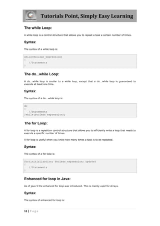 Tutorials Point, Simply Easy Learning
11 | P a g e
The while Loop:
A while loop is a control structure that allows you to repeat a task a certain number of times.
Syntax:
The syntax of a while loop is:
while(Boolean_expression)
{
//Statements
}
The do...while Loop:
A do...while loop is similar to a while loop, except that a do...while loop is guaranteed to
execute at least one time.
Syntax:
The syntax of a do...while loop is:
do
{
//Statements
}while(Boolean_expression);
The for Loop:
A for loop is a repetition control structure that allows you to efficiently write a loop that needs to
execute a specific number of times.
A for loop is useful when you know how many times a task is to be repeated.
Syntax:
The syntax of a for loop is:
for(initialization; Boolean_expression; update)
{
//Statements
}
Enhanced for loop in Java:
As of java 5 the enhanced for loop was introduced. This is mainly used for Arrays.
Syntax:
The syntax of enhanced for loop is:
 