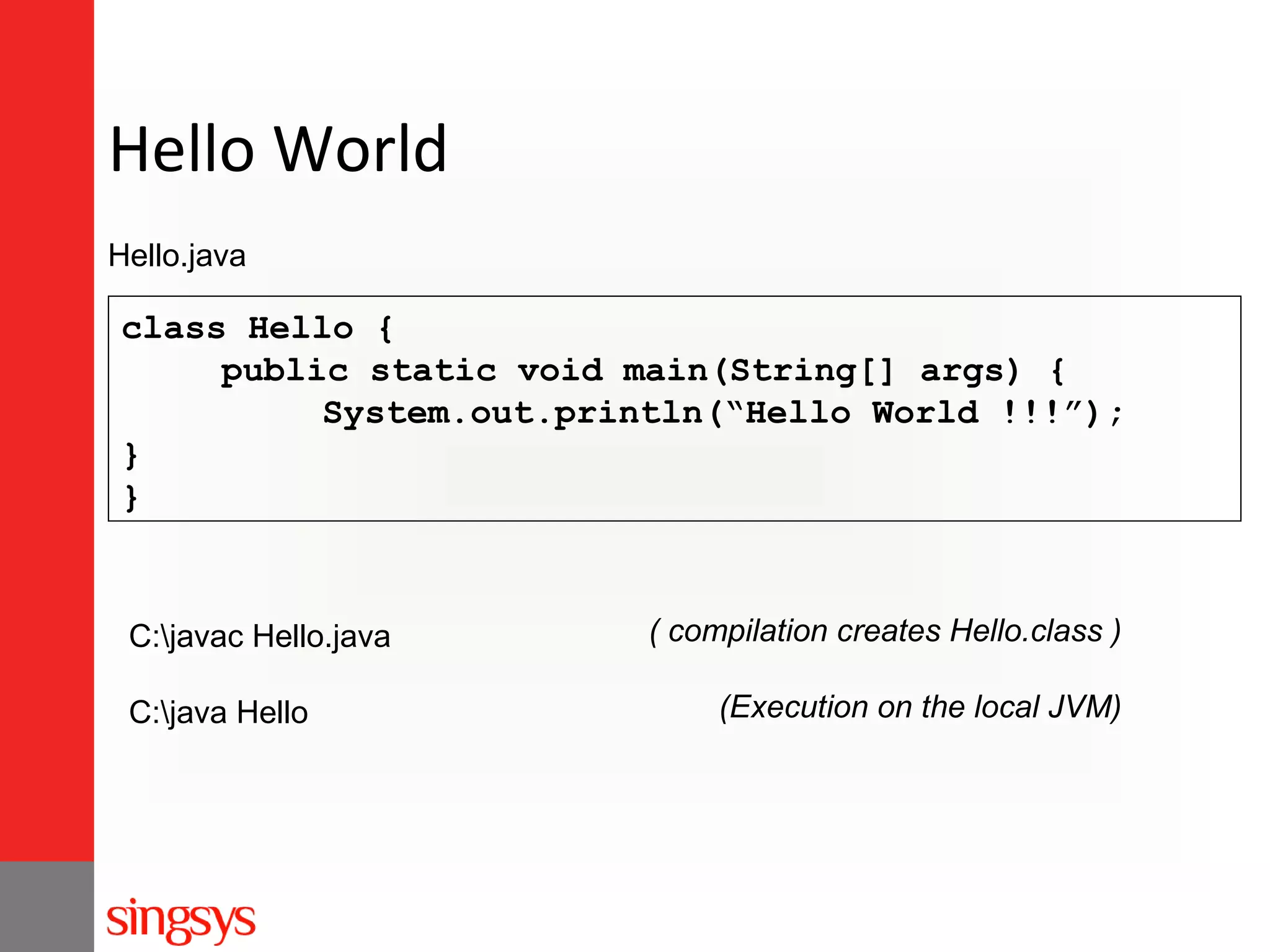 Hello World
Hello.java

class Hello {
public static void main(String[] args) {
System.out.println(“Hello World !!!”);
}
}

C:javac Hello.java
C:java Hello

( compilation creates Hello.class )
(Execution on the local JVM)

 