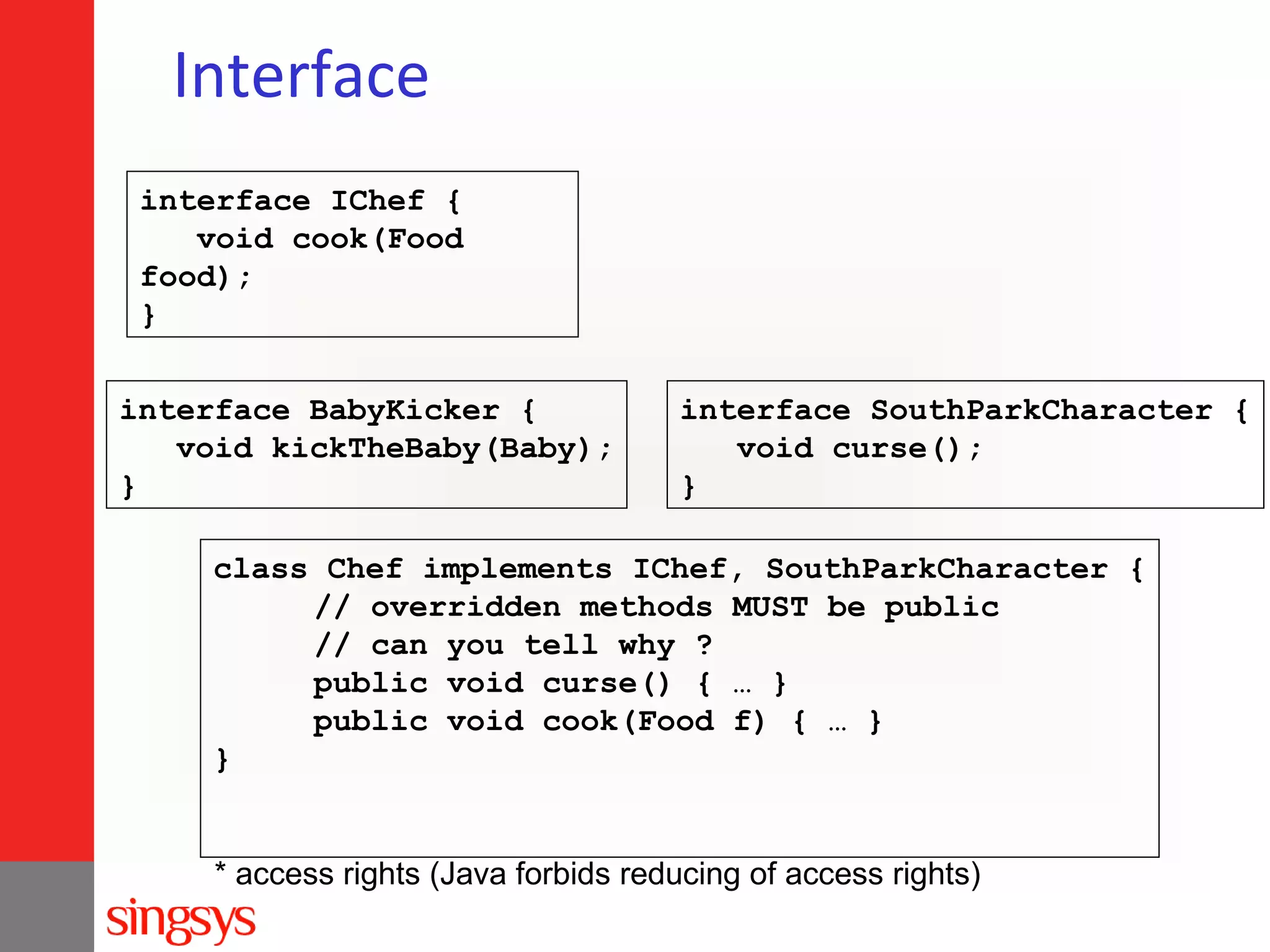 Interface
interface IChef {
void cook(Food
food);
}
interface BabyKicker {
void kickTheBaby(Baby);
}

interface SouthParkCharacter {
void curse();
}

class Chef implements IChef, SouthParkCharacter {
// overridden methods MUST be public
// can you tell why ?
public void curse() { … }
public void cook(Food f) { … }
}
* access rights (Java forbids reducing of access rights)

 