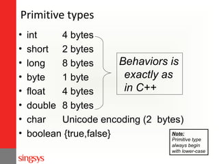 Primitive types
•
•
•
•
•
•
•
•

int
4 bytes
short 2 bytes
Behaviors is
long
8 bytes
exactly as
byte
1 byte
in C++
float
4 bytes
double 8 bytes
char
Unicode encoding (2 bytes)
Note:
boolean {true,false}
Primitive type
always begin
with lower-case

 