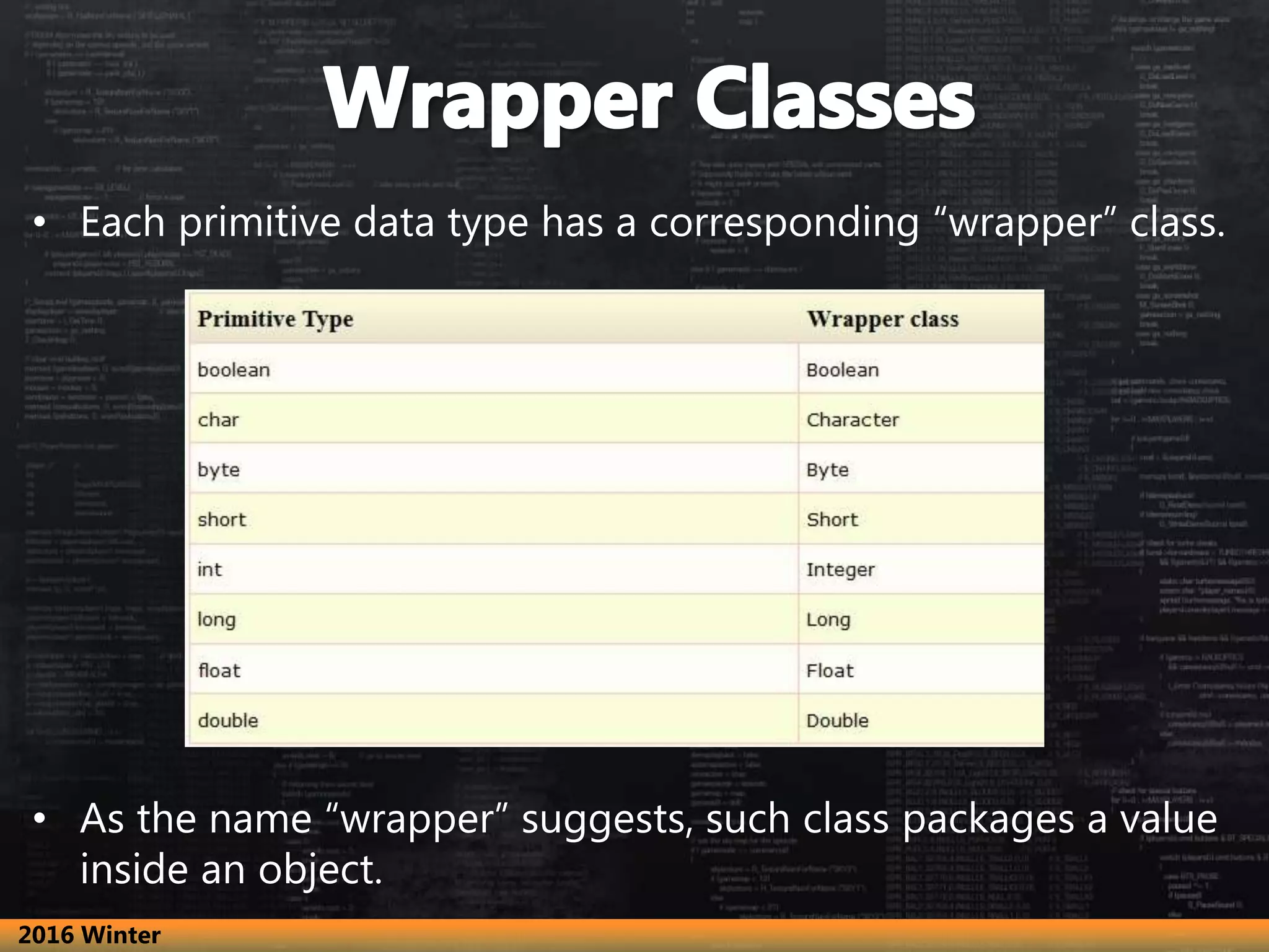• Each primitive data type has a corresponding “wrapper” class.
• As the name “wrapper” suggests, such class packages a value
inside an object.
.2016 Winter
 