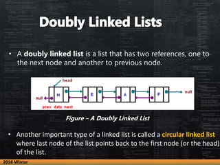 • A doubly linked list is a list that has two references, one to
the next node and another to previous node.
Figure – A Doubly Linked List
• Another important type of a linked list is called a circular linked list
where last node of the list points back to the first node (or the head)
of the list.
2016 Winter
 