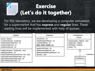 For this laboratory, we are developing a computer simulation
for a supermarket that has express and regular lines. These
waiting lines will be implemented with help of queues.
2016 Winter
 