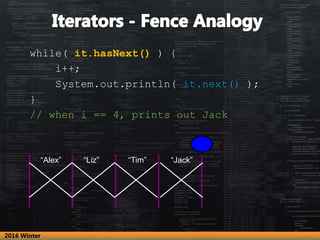 “Alex” “Liz” “Tim” “Jack”
while( it.hasNext() ) {
i++;
System.out.println( it.next() );
}
// when i == 4, prints out Jack
2016 Winter
 