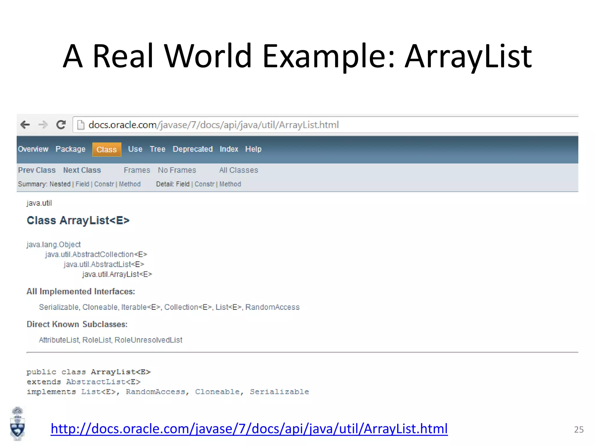 A Real World Example: ArrayList

http://docs.oracle.com/javase/7/docs/api/java/util/ArrayList.html

25

 