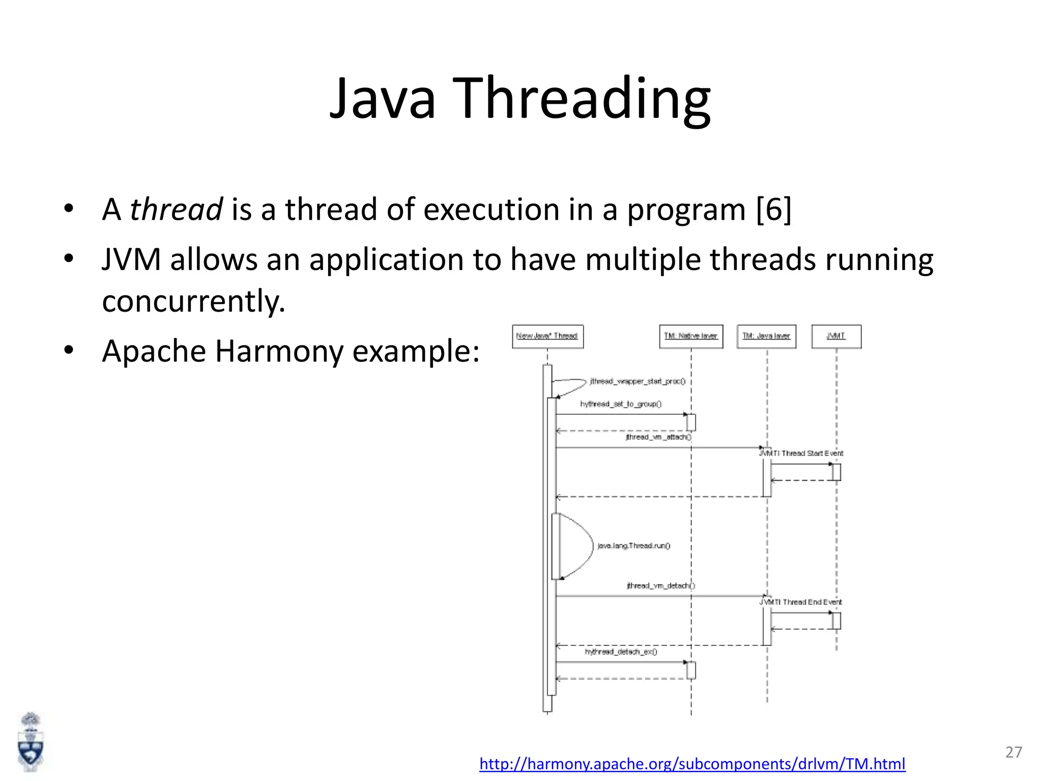 Java Threading
• A thread is a thread of execution in a program [6]
• JVM allows an application to have multiple threads running
concurrently.
• Apache Harmony example:

http://harmony.apache.org/subcomponents/drlvm/TM.html

27

 