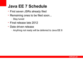 Java EE 7 Schedule
• First seven JSRs already filed
• Remaining ones to be filed soon...
   – Stay tuned
• Final release late 2012
• Date driven release
   – Anything not ready will be deferred to Java EE 8
 