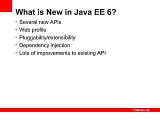 What is New in Java EE 6?
• Several new APIs
• Web profile
• Pluggability/extensibility
• Dependency injection
• Lots of improvements to existing API
 