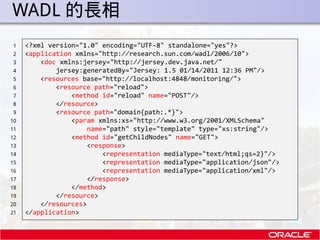 . WADL 的長相
 1   <?xml version="1.0" encoding="UTF-8" standalone="yes"?>
 2   <application xmlns="http://research.sun.com/w...