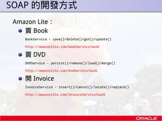 . SOAP 的開發方式
 Amazon Lite：
    賣 Book
    BookService - save()/delete()/get()/update()

    http://amazonlite.com/bookServ...