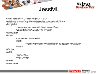 JessML
<?xml version=1.0 encoding=UTF-8?>
<rulebase xmlns=http://www.jessrules.com/JessML/1.0>
<template>
<name>person</name><slot>name</slot>
<value type=SYMBOL>nil</value>
</template>
<facts>
<name>course</name>
<fact>
<name>id</name><value type=INTEGER>1</value>
</fact>
</facts>
<rule>
<lhs>..</lhs>
<rhs>..</rhs>
</rule>
</rulebase>
 