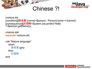 Chinese ?!
cnature.dsl
[condition][] {name}=$person : Person(name=='{name}')
[consequence][]к=System.out.println("Hello
"+$person.getName());
cnature.dslr
expander cnature.dsl
rule "Nature language"
when
 gary
then
к
end
 