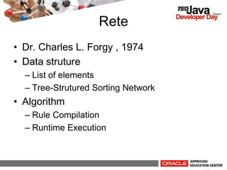 Rete
? Dr. Charles L. Forgy , 1974
? Data struture
C List of elements
C Tree-Strutured Sorting Network
? Algorithm
C Rule Compilation
C Runtime Execution
 
