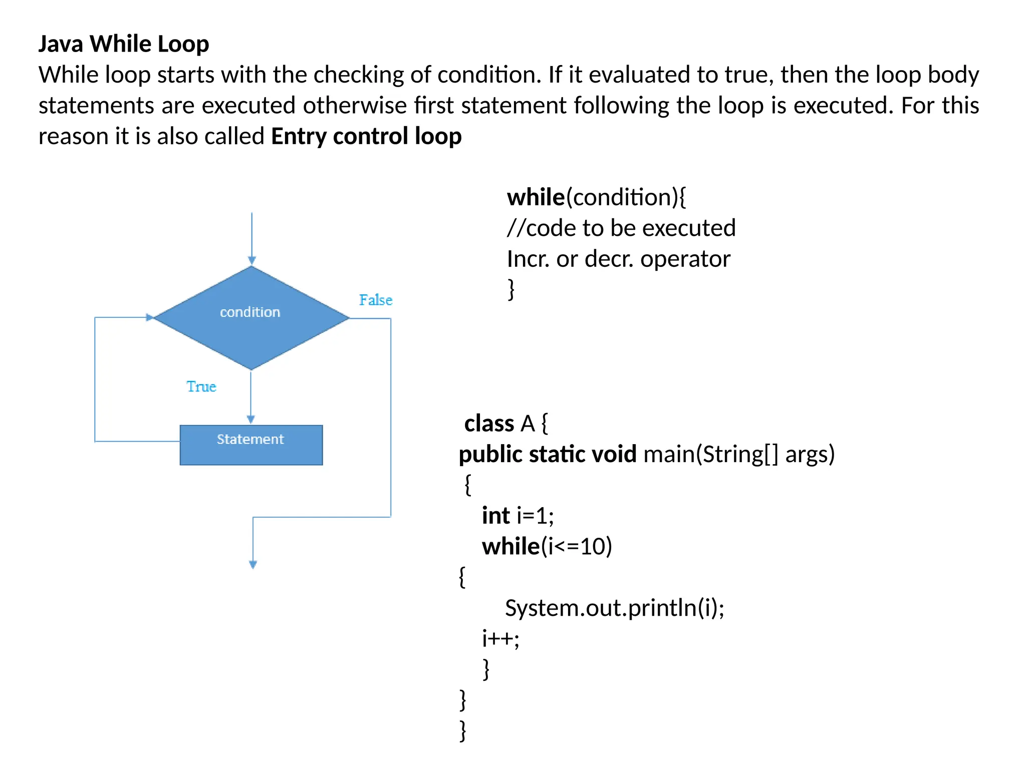 Java While Loop
While loop starts with the checking of condition. If it evaluated to true, then the loop body
statements are executed otherwise first statement following the loop is executed. For this
reason it is also called Entry control loop
while(condition){
//code to be executed
Incr. or decr. operator
}
class A {
public static void main(String[] args)
{
int i=1;
while(i<=10)
{
System.out.println(i);
i++;
}
}
}
 