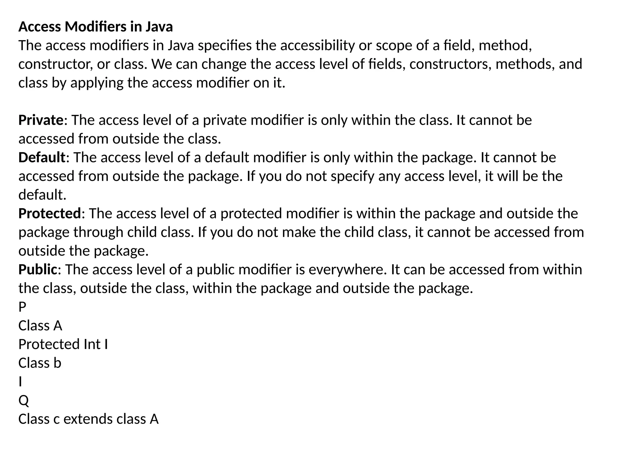 Access Modifiers in Java
The access modifiers in Java specifies the accessibility or scope of a field, method,
constructor, or class. We can change the access level of fields, constructors, methods, and
class by applying the access modifier on it.
Private: The access level of a private modifier is only within the class. It cannot be
accessed from outside the class.
Default: The access level of a default modifier is only within the package. It cannot be
accessed from outside the package. If you do not specify any access level, it will be the
default.
Protected: The access level of a protected modifier is within the package and outside the
package through child class. If you do not make the child class, it cannot be accessed from
outside the package.
Public: The access level of a public modifier is everywhere. It can be accessed from within
the class, outside the class, within the package and outside the package.
P
Class A
Protected Int I
Class b
I
Q
Class c extends class A
 