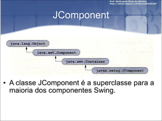 JComponent A classe JComponent é a superclasse para a maioria dos componentes Swing. 