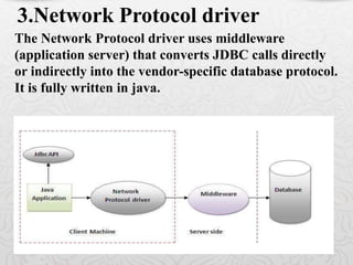 The Network Protocol driver uses middleware
(application server) that converts JDBC calls directly
or indirectly into the vendor-specific database protocol.
It is fully written in java.
3.Network Protocol driver
 