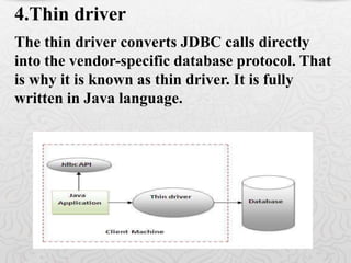 The thin driver converts JDBC calls directly
into the vendor-specific database protocol. That
is why it is known as thin driver. It is fully
written in Java language.
4.Thin driver
 
