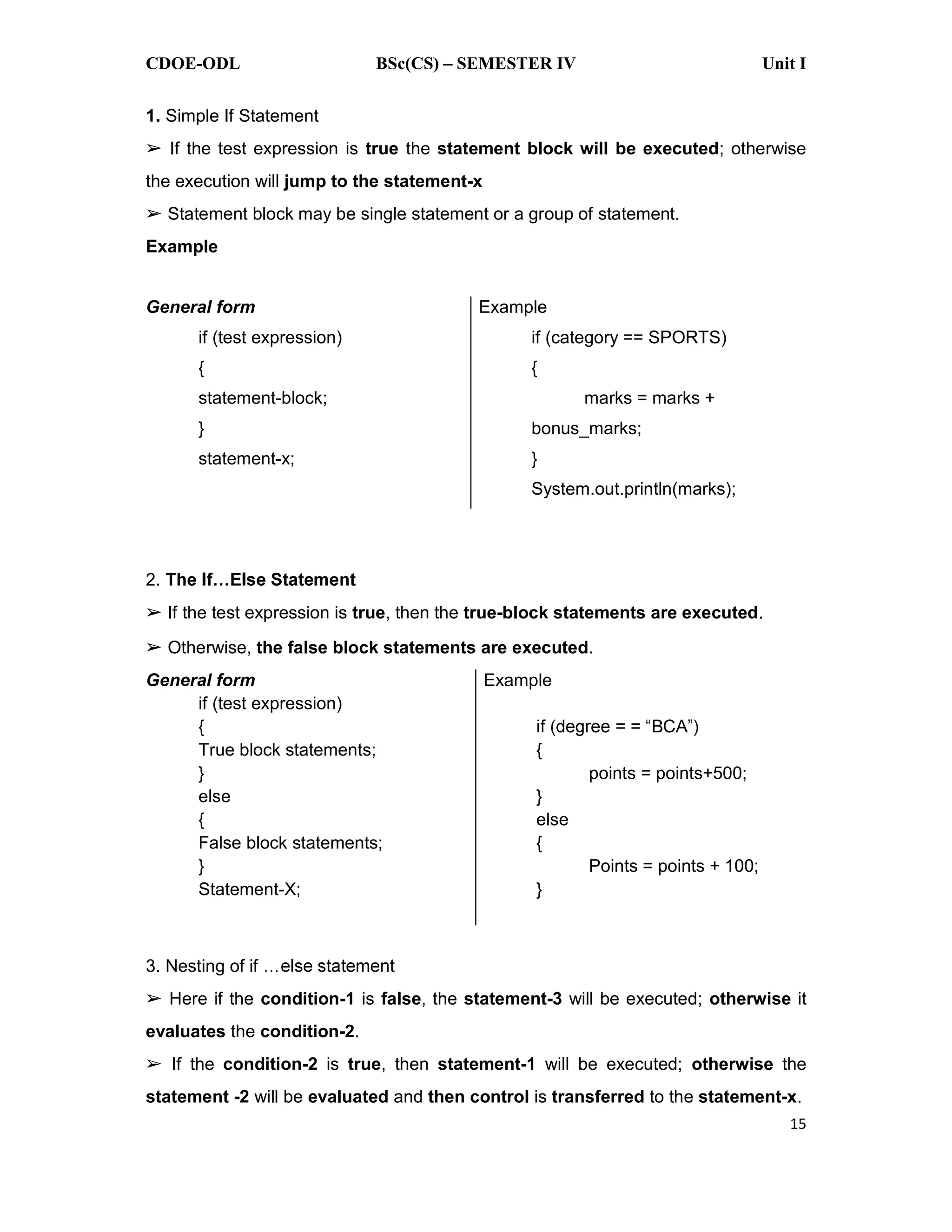 CDOE-ODL BSc(CS) SEMESTER IV Unit I
15
1. Simple If Statement
If the test expression is true the statement block will be executed; otherwise
the execution will jump to the statement-x
Statement block may be single statement or a group of statement.
Example
General form
if (test expression)
{
statement-block;
}
statement-x;
Example
if (category == SPORTS)
{
marks = marks +
bonus_marks;
}
System.out.println(marks);
2.
If the test expression is true, then the true-block statements are executed.
Otherwise, the false block statements are executed.
General form
if (test expression)
{
True block statements;
}
else
{
False block statements;
}
Statement-X;
Example
{
points = points+500;
}
else
{
Points = points + 100;
}
3. Nesting of if
Here if the condition-1 is false, the statement-3 will be executed; otherwise it
evaluates the condition-2.
If the condition-2 is true, then statement-1 will be executed; otherwise the
statement -2 will be evaluated and then control is transferred to the statement-x.
 