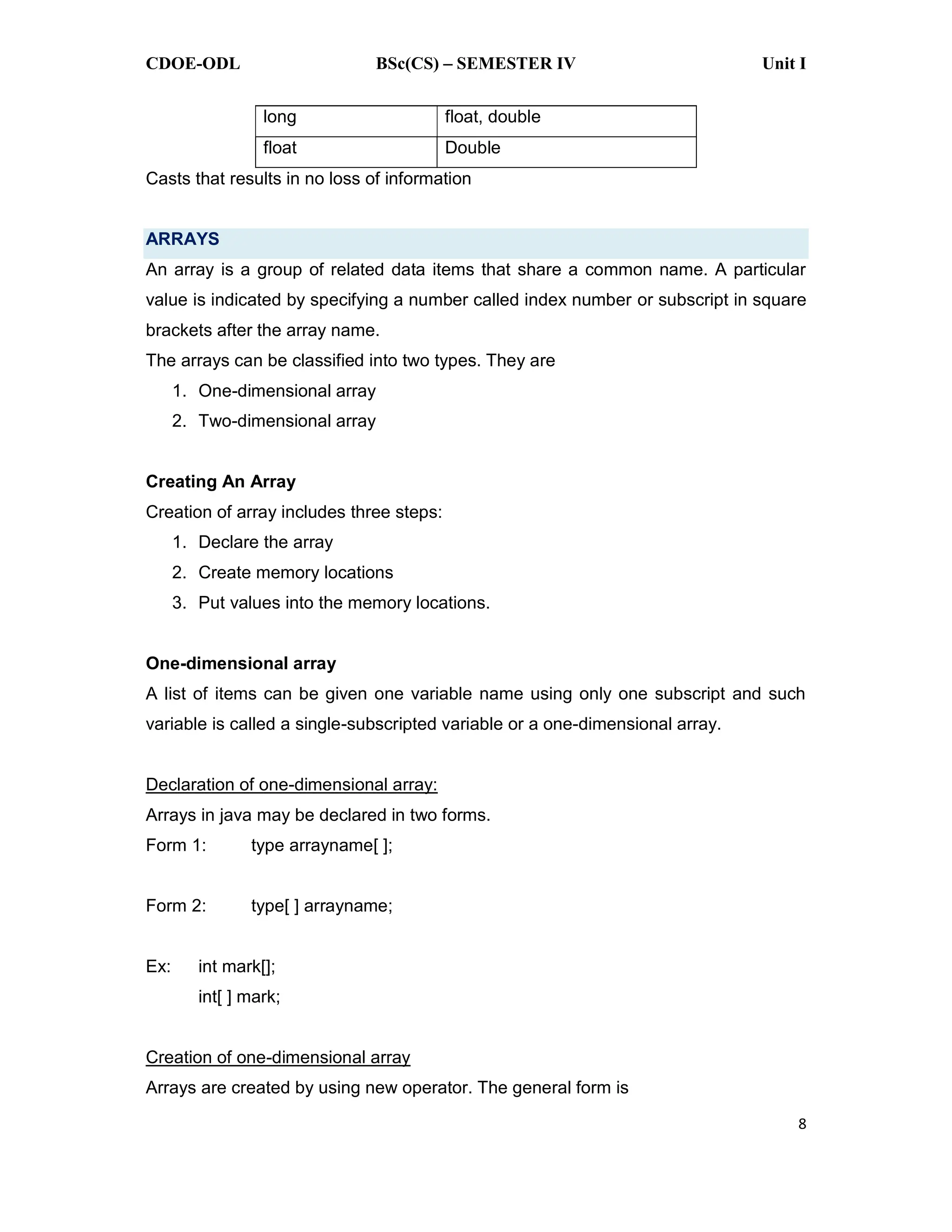 CDOE-ODL BSc(CS) SEMESTER IV Unit I
8
long float, double
float Double
Casts that results in no loss of information
ARRAYS
An array is a group of related data items that share a common name. A particular
value is indicated by specifying a number called index number or subscript in square
brackets after the array name.
The arrays can be classified into two types. They are
1. One-dimensional array
2. Two-dimensional array
Creating An Array
Creation of array includes three steps:
1. Declare the array
2. Create memory locations
3. Put values into the memory locations.
One-dimensional array
A list of items can be given one variable name using only one subscript and such
variable is called a single-subscripted variable or a one-dimensional array.
Declaration of one-dimensional array:
Arrays in java may be declared in two forms.
Form 1: type arrayname[ ];
Form 2: type[ ] arrayname;
Ex: int mark[];
int[ ] mark;
Creation of one-dimensional array
Arrays are created by using new operator. The general form is
 