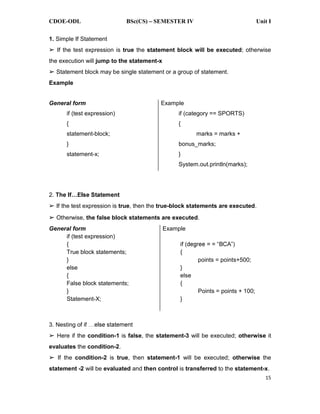 CDOE-ODL BSc(CS) SEMESTER IV Unit I
15
1. Simple If Statement
If the test expression is true the statement block will be executed; otherwise
the execution will jump to the statement-x
Statement block may be single statement or a group of statement.
Example
General form
if (test expression)
{
statement-block;
}
statement-x;
Example
if (category == SPORTS)
{
marks = marks +
bonus_marks;
}
System.out.println(marks);
2.
If the test expression is true, then the true-block statements are executed.
Otherwise, the false block statements are executed.
General form
if (test expression)
{
True block statements;
}
else
{
False block statements;
}
Statement-X;
Example
{
points = points+500;
}
else
{
Points = points + 100;
}
3. Nesting of if
Here if the condition-1 is false, the statement-3 will be executed; otherwise it
evaluates the condition-2.
If the condition-2 is true, then statement-1 will be executed; otherwise the
statement -2 will be evaluated and then control is transferred to the statement-x.
 